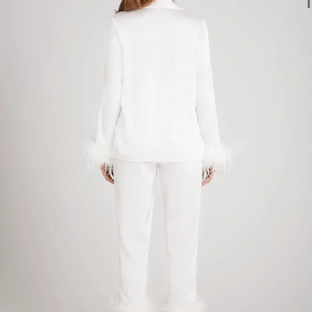 Nadine Merabi NWT Darcie Luxe White Feather Trim Silk Pajamas Bridal Bach - Picture 3 of 4